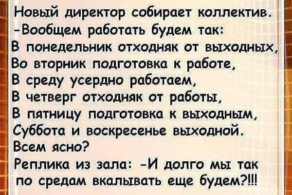 Новый директор собирает коллектив Вообщем работать будем так В понедельник отходняк от выходных Во вторник подготовка к работе В среду усердно работаем В четверг отходняк от работы В пятницу подготовка к выходным Суббота и воскресенье выходной Всем ясно Реплика из зала И долго мы так по средам вкалывать еще будем