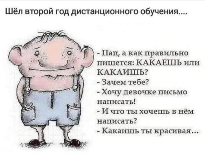 Шёл второй год дистанционного обучения Пап а как правильно пишется КАКАЕШЬ или КАКАИШЬ Зачем тебе Хочу девочке письмо на таять И что ты хочешь в нём написать Какаишъ ты красивая