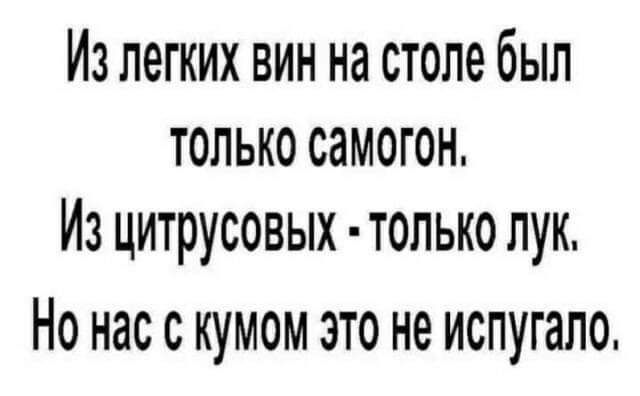 Из легких вин на столе был только самогон Из цитрусовых только лук Но нас с кумом это не испугало