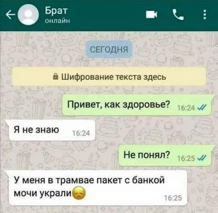 _ Брат нна СЕГОДНЯ 6 Шифрование текста здесь Привет как здоровье 1524 Я не знаю Не понял 1625 У меня в трамвае пакет с банкой мочи укралие