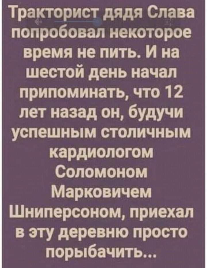 Тракторист дядя Слава попробовал некоторое время не пить И на шестой день начал припоминать что 12 лет назад он будучи успешным столичным кардиологом Соломоном Марковичем Шниперсоном приехал в эту деревню просто порыбачить