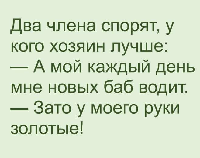 Два члена спорят у кого хозяин лучше А мой каждый день мне новых баб водит Зато у моего руки золотые