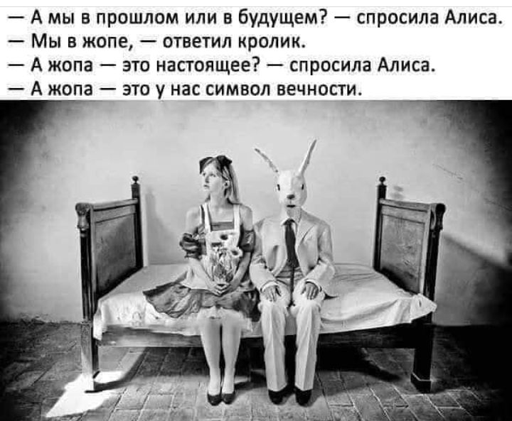 А мы в прошлом или в будущем спросила Алиса Мы в жопе ответил кролик А жопа это настоящее спросила Алиса А жопа это у нас символ вечности
