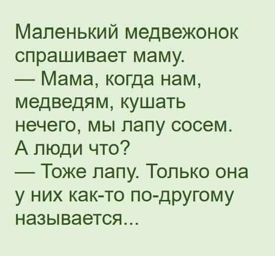 Маленький медвежонок спрашивает маму Мама когда нам медведям кушать нечего мы папу сосем А люди что Тоже лапу Только она у них как то по другому называется