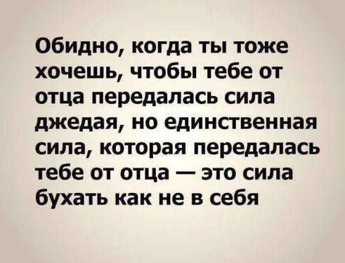 Обидно когда ты тоже хочешь чтобы тебе от отца передалась сила джедая но единственная сила которая передалась тебе от отца это сила бухать как не в себя