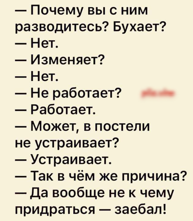 Почему выс ним разводитесь Бухает Нет Изменяет Нет Не работает _ Работает Может в постели не устраивает Устраивает Так в чём же причина Да вообще не к чему придраться заебал