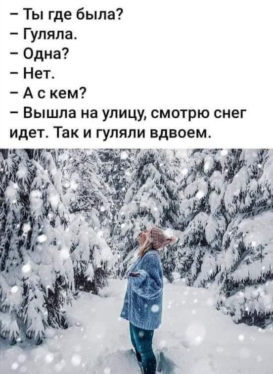 Ты где была Гуляла Одна Нет А с кем Вышла на улицу смотрю снег идет Так и гуляли вдвоем