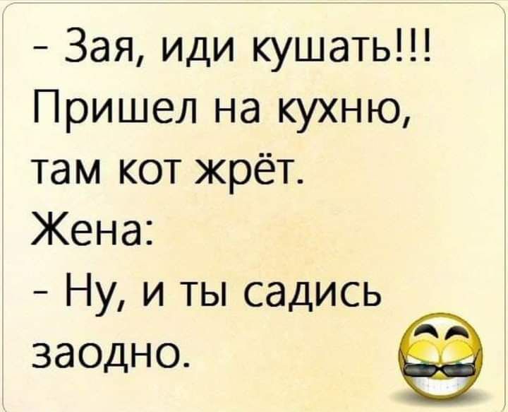 Зая иди кушать Пришел на кухню там кот жрёт Жена Ну и ты садись ЗдОДНО
