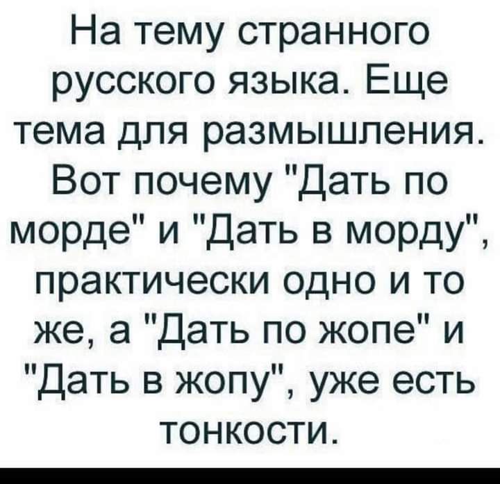 На тему странного русского языка Еще тема для размышления Вот почему Дать по морде и Дать в морду практически одно и то же а Дать по жопе и Дать в жопу уже есть ТОНКОСТИ _