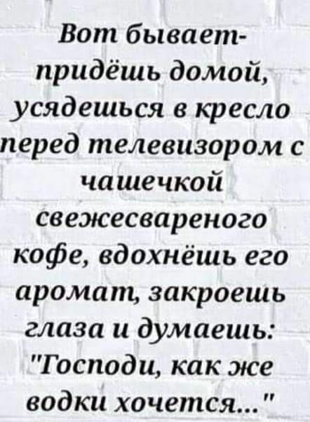 Вот бывает придёшь домой усядешься в кресло перед телевизором с чашечкой свежесвареного кофе вдохнёшь его аромат закроешь глаза и думаешь Господи как же водки хочется