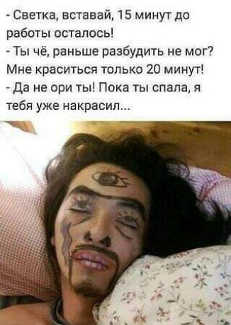 Светка вставай 15 минут да работы осталось Ты чё раньше разбудить не мог Мне краситься тппько 20 минут Да не ори ты Пока ты спала я тебя уже натравил