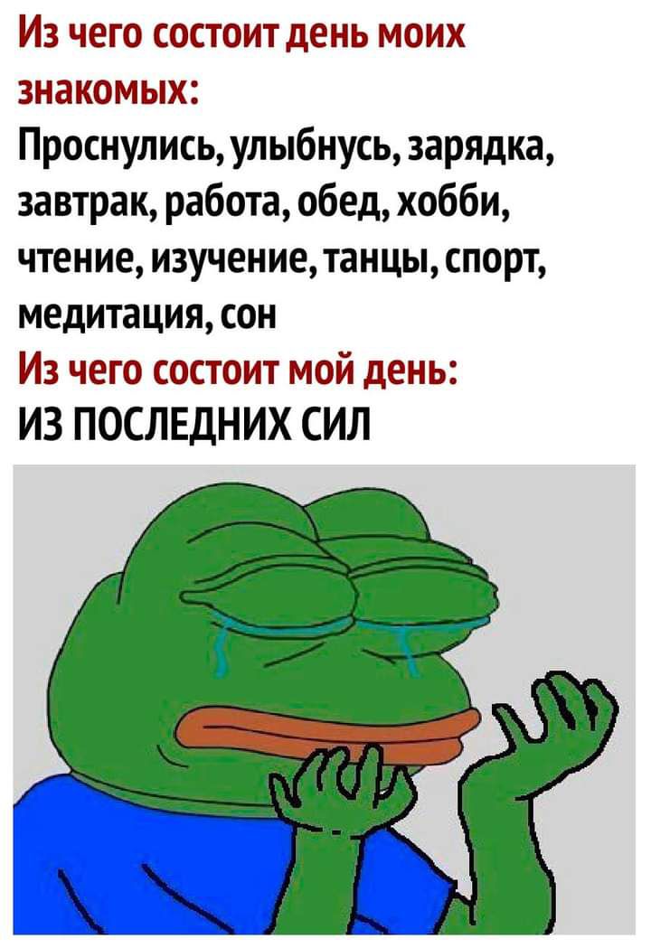 Из чего состоит день моих знакомых Проснулись улыбнусь зарядка завтрак работа обед хобби чтение изучение танцы спорт медитация сон Из чего состоит мой день ИЗ ПОСЛЕДНИХ СИЛ