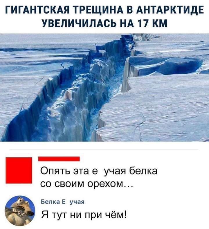 ГИГАНТСКАЯ ТРЕЩИНА В АНТАРКТИДЕ УВЕЛИЧИЛАСЬ НА 17 КМ Опять эта е учая бепка со своим орехом Белка Е учая Я тут ни при чём