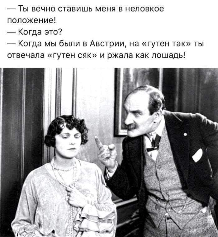 Ты вечно ставишь меня в неловкое положение Когда это Когда мы были в Австрии на гутен так ты отвечала гутен сяк и ржала как лошадь