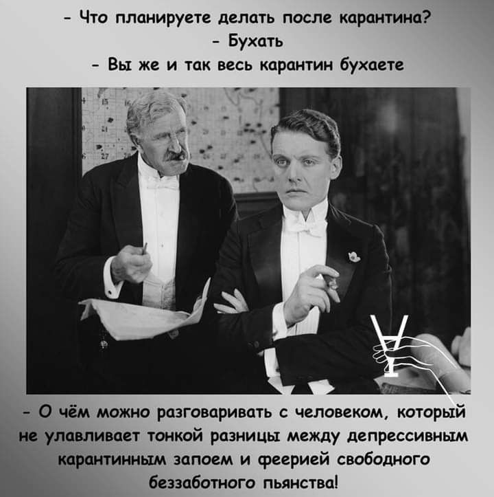 Что планируете делать после карантина Бухпть Вы же и так весь карантин бухаете О чём можно разговаривать с человеком который не упоминает тонкой разницы между депрессивным карантинным запоем и феерией свободного беззаботного пьянство