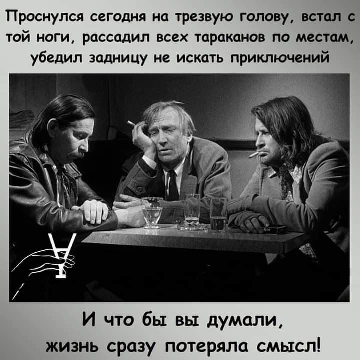 Проснулся сегодня на трезвую голову встал с той ноги рассадил всех тараканов по местам убедил задницу не искать приключений И что бы вы думали жизнь сразу потеряла смысл