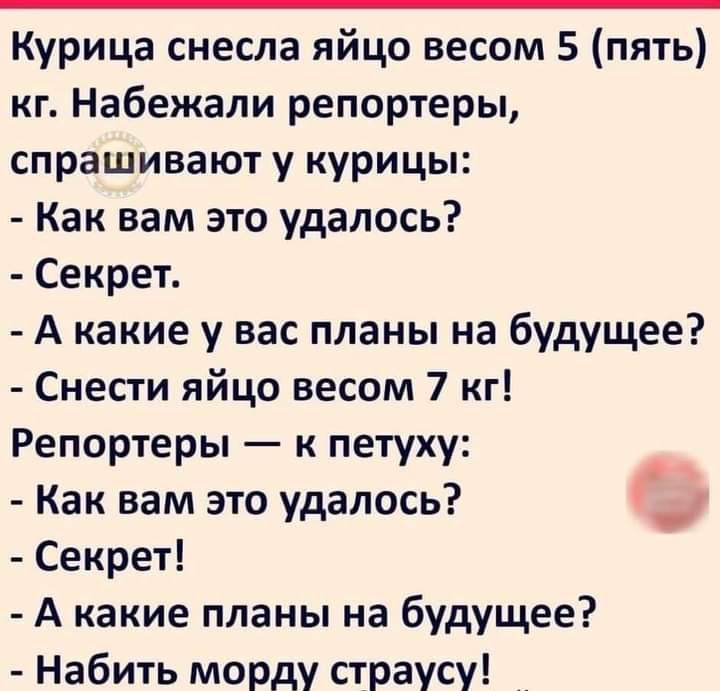 Курица снесла яйцо весом 5 пять кг Набежали репортеры спрашивают у курицы Как вам это удалось Секрет А какие у вас планы на будущее Снести яйцо весом 7 кг Репортеры к петуху Как вам это удалось Секрет А какие планы на будущее Набить морду страусу _