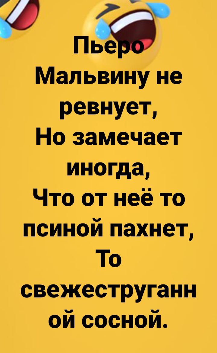 и Пьет Мальвину не ревнует Но замечает иногда Что от неё то псиной пахнет То свежеструганн ой сосной