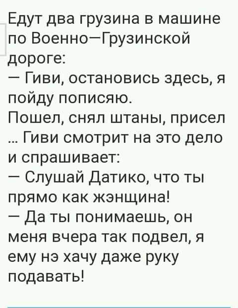 Едут два грузина в машине по ВоенноГрузинской дороге Гиви остановись здесь я пойду пописяю Пошел снял штаны присел Гиви смотрит на это дело и спрашивает Слушай Датико что ты прямо как женщина Да ты понимаешь он меня вчера так подвел я ему на хачу даже руку подавать