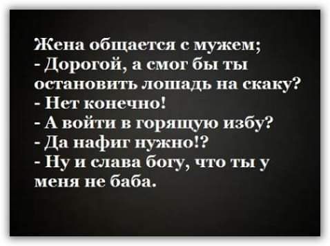 Жена общается с мужем Дорогой а смог бы ты остановить лошадь на скаку Нет конечно А войти в горящую избу Ди нафиг нужно Ну и шива богу что ты у меня не баба
