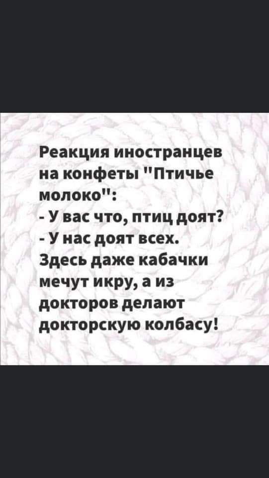 Реакция ииоотранцев на конфеты Птичье молоко У вас что птиц доят У нас доят всех Здесь даже кабачки мечут икру а из докторов делают докторскую колбаоу