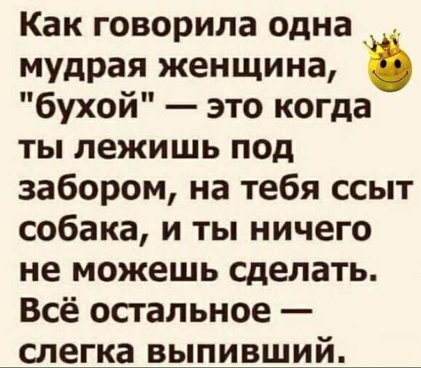 Как говорила одна мудрая женщина бухой это когда ты лежишь под забором на тебя ссыт собака и ты ничего не можешь сделать Всё остальное слегка выпивший