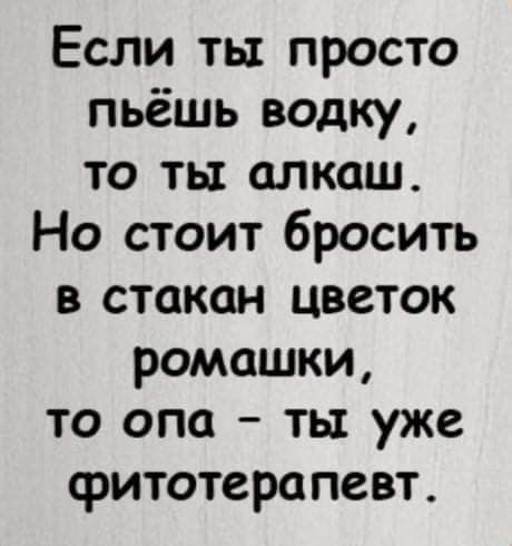 Если ты просто пьёшь водку то ты алкаш Но стоит бросить в стакан цветок ромашки то опа ты уже фитотерапевт