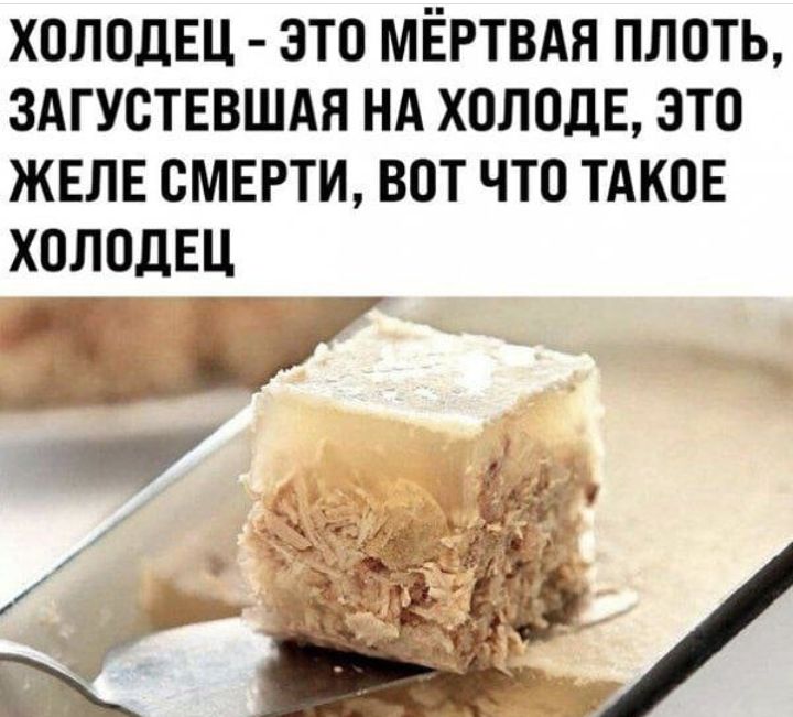 холодЕЦ это мёртвдя плоть ЗАГУСТЕВШАН нд холоде это жвлв смнрти вот что тдког холодец ш А её