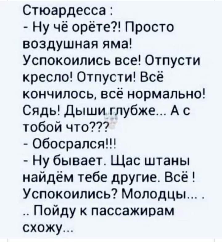 Стюардесса Ну чё орёте Просто воздушная яма Успокоились все Отпусти кресло Отпусти Всё кончилось всё нормально Сядь Дыши глубже А с тобой что Обосрался Ну бывает Щас штаны найдём тебе другие Всё Успокоились Молодцы Пойду к пассажирам схожу