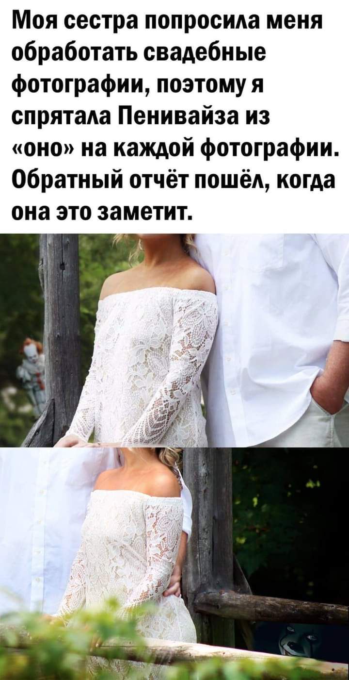 Моя сестра попросида меня обработать свадебные фотографии поэтому я спрятала Пенивайза из оно на каждой фотографии Обратный отчёт пошёл когда она это заметит