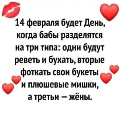 14 февраля будет день когда бабы разделятся на три типа одни будут реветь и бухать вторые фоткать свои букеты и плюшевые мишки а третьи жёны