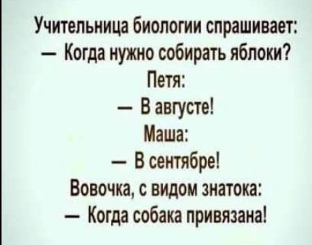 Учительница биологии спрашивает Когда нужно собирать яблоки Петя В августе Маша В сентябре Вовочка с видом знатока Когда собака привязана