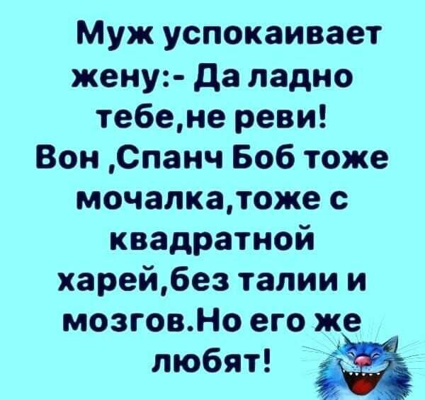 Муж успокаивает жену да ладно тебене реви Вон Спанч Боб тоже мочалкатоже с квадратной харейбез талии и мозговНо его же любят