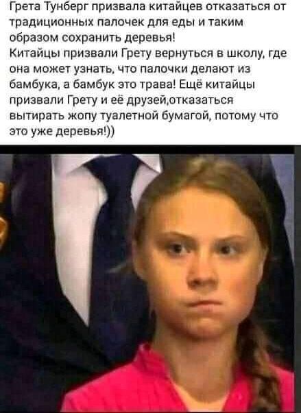 Грета Тунберг призвала китайцев отказаться от традиционны палочек для еды и таким образом сохранить деревьн Китайцы призвали Грету вернуться в школу где она может узнать что палочки делают из бамбука а бамбук это трава Еще китайцы призвали Грету и ее друзейдтказатьсп вытирать жопу туалетной Бумагой потому что это уже деревья
