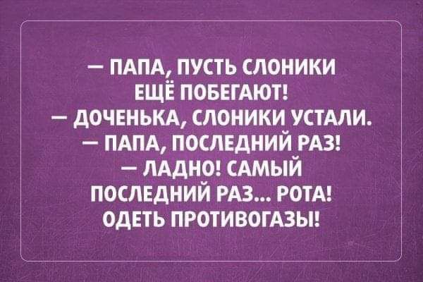 ПАПА пусть слоники ЕЩЁ ПОБЕГАЮТ дОЧЕНЬКА слоники УСТАЛИ ПАПА последний РАЗ ЛАДНО сАмый последний РАЗ РОТА одеть ПРОТИВОГАЗЫ