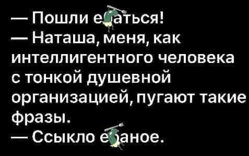 Пошли еЁться Наташа Меня как интеллигентного человека с тонкой душевной организацией пугают такие Фразы Ссыкло еТЁаное