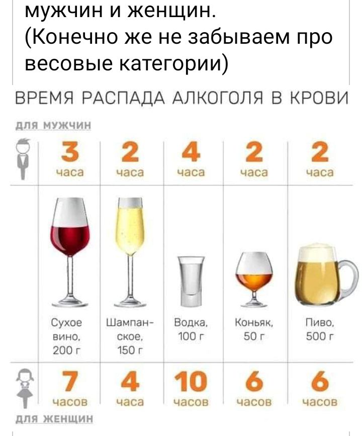 мужчин и женщин Конечно же не забываем про весовые категории ВРЕМЯ РАСПАДА АЛКОГОЛЯ В КРОВИ ДЛЯ МУЖЧИН 32422 часа часа часа часа часа П Шіщеш Сухое Шампан Водка Коньяк Пиво вино ское ЮО г 50 г 500 г 200 г 150 г 4 О 6 7 1 6 часов часа часов часов часов ДЛЯ ЖЕНЩИН