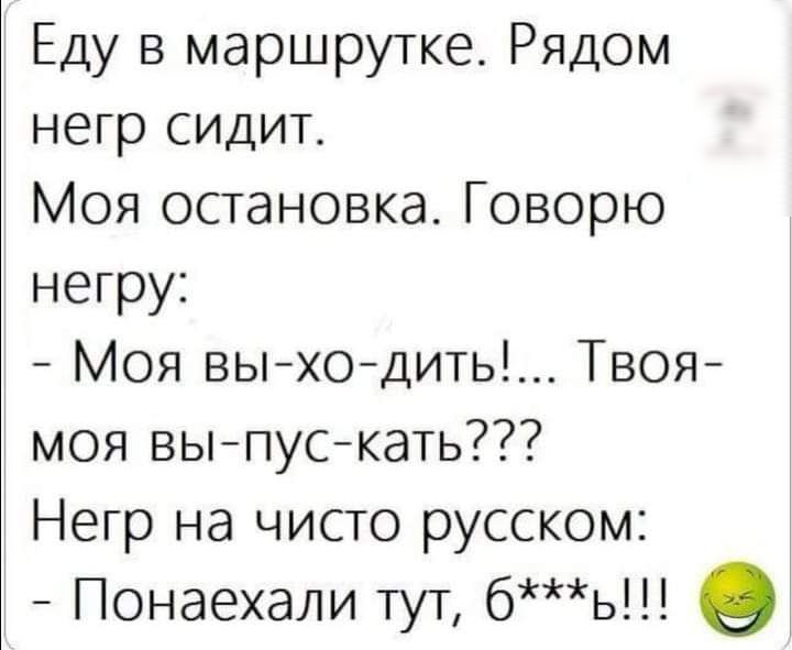 Еду в маршрутке Рядом негр сидит Моя остановка Говорю негру Моя выходить Твоя моя выпускать Негр на чисто русском Понаехали тут бь о