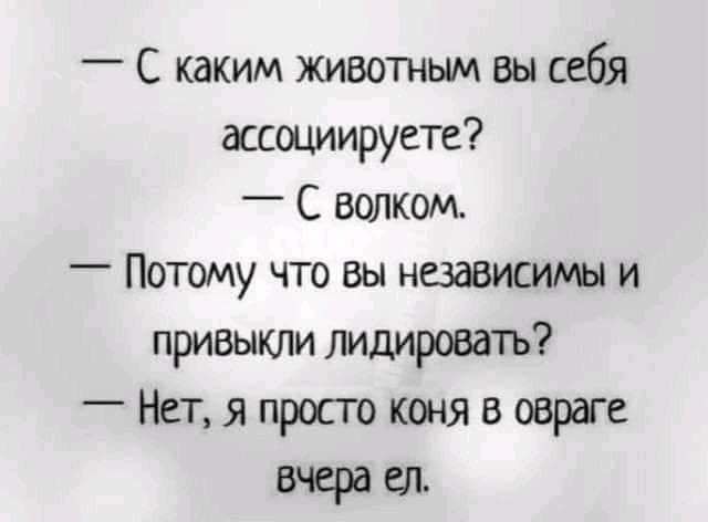 _ С каким животным вы себя ассоциируете _ С волком _ Потому что вы независимы и привыкли лидировать Нет я просто коня в овраге вчера ел