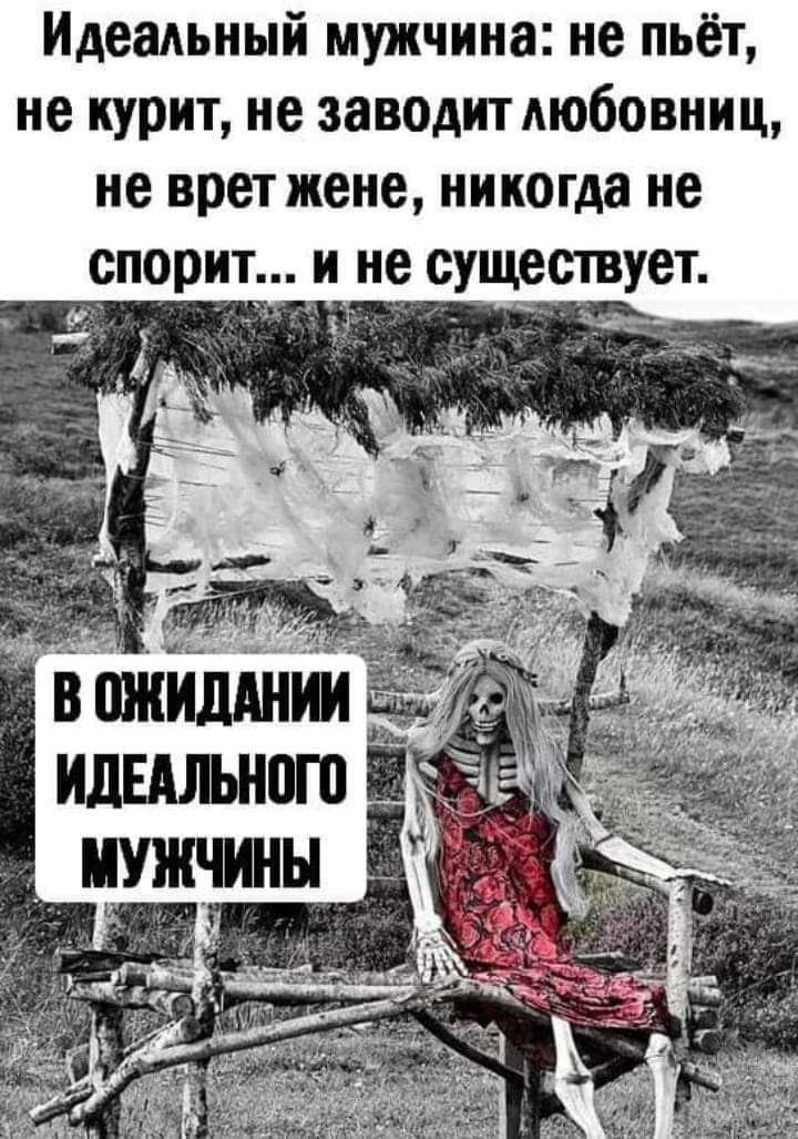 Идеальный мужчина не пьёт не курит не заводит любовниц не врет жене никогда не спорит и не сущствует в шпилднии ИДЕАЛЬНПШ