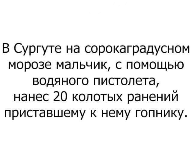 В Сургуте на сорокаградусном морозе мальчик с помощью водяного пистолета нанес 20 колотых ранений приставшему к нему гопнику