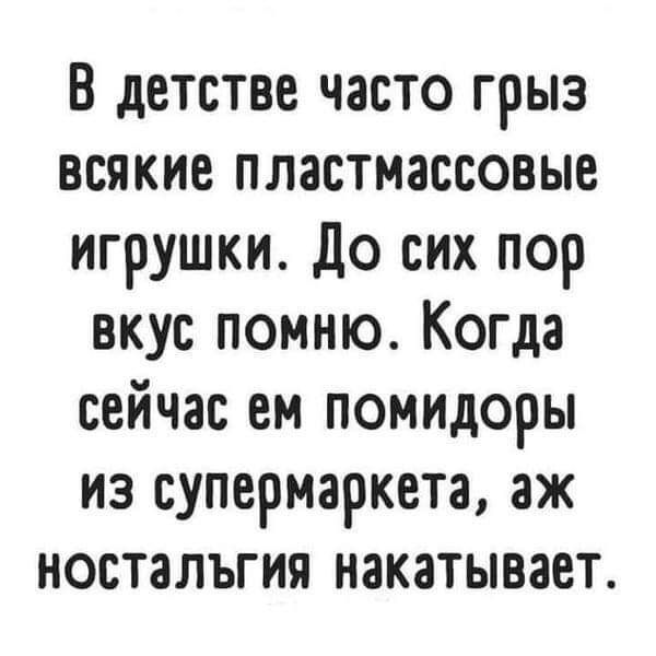 В детстве часто грыз всякие пластмассовые игрушки До сих пор вкус помню Когда сейчас ем помидоры из супермаркета аж ностальгия накатывает