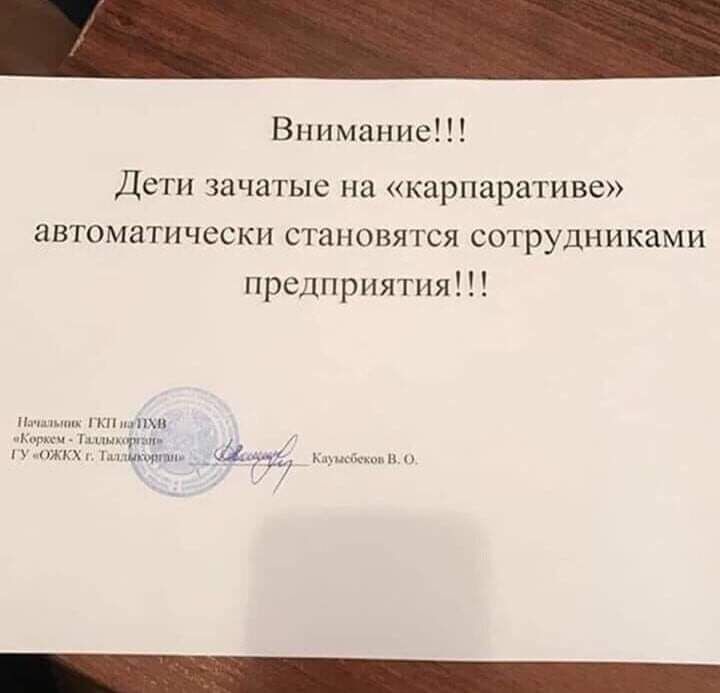 Внимание Дети зачатые на карпаративе автоматически становятся сотрудниками предприятия ти рп п пмж вц пы 444 ъ