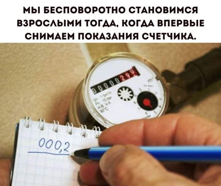 МЫ БЕСПОВОРОТНО СТАНОВИМСЯ ВЗРОСАЫМИ ТОГАА КОГАА ВПЕРВЫЕ СНИМАЕМ ПОКАЗАЕИЯ СЧЕТЧИКА