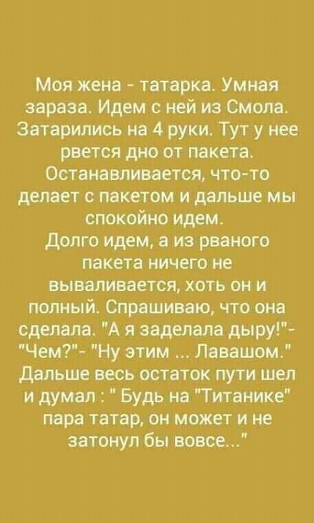 Моя жена татарка Умная зараза Идем ней из Смола Затарились на 4 руки Тут у нее рвется дно от пакета Останавливается что то делает с пакетом и дальше мы спокойно идем долго идем а из рваного пакета ничего не вываливается хоть он и полный Спрашиваю что она сделала А я заделала дыру Чем Ну этим Лавашом Дальше весь остаток пути шея и думал Будь на Титаника пара татар он может и не затонул бы вовсе