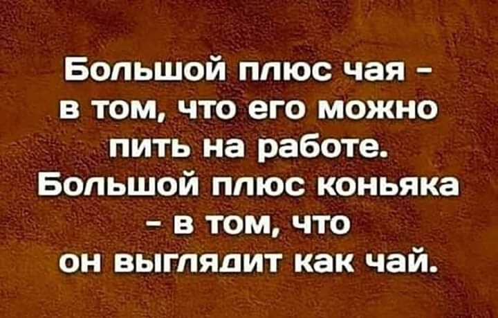 Большой плюс чая в том что его можно пить на работе Большой плюс коньяка в том что он выгпядит как чай