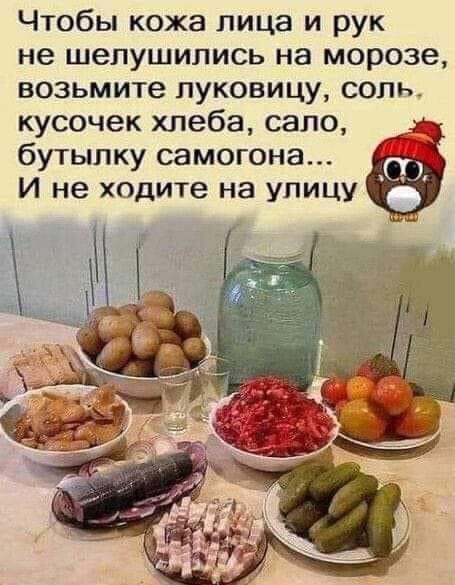Чтобы кожа лица и рук не шелушились на морозе возьмите луковицу соль кусочек хлеба сало бутылку самогона И не ходите на улицу