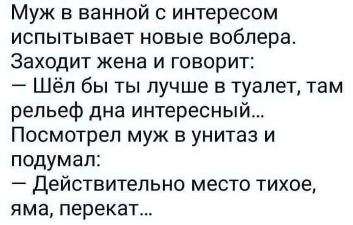 Муж в ванной с интересом испытывает новые воблера Заходит жена и говорит Шёл бы ты лучше в туалет там рельеф дна интересный Посмотрел муж в унитаз и подумал Действительно место тихое яма перекат