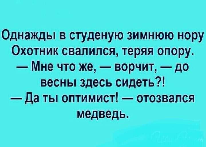 Однажды в студеную зимнюю нору Охотник свалился теряя опору Мне что же ворчит до весны здесь сидеть Да ты оптимист отозвался медведь