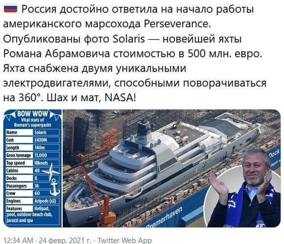 Россия досгойно ответила на начало работы американского марсохода Регэечегапсе Опубликованы фото Боіагіэ новейшей яхты Романа Абрамовича стоимосгью в 500 млн евро Яхта снабжена двумя уникальными электродвигателями способными поворачиваться на 3602 Шах и мат МАЗА Пишим 13 34 34 зева 20217 Пн па Аез Аш
